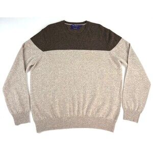 Alan Flusser 100% Cashmere Brown Beige Crew Neck Pullover Classic Sweater